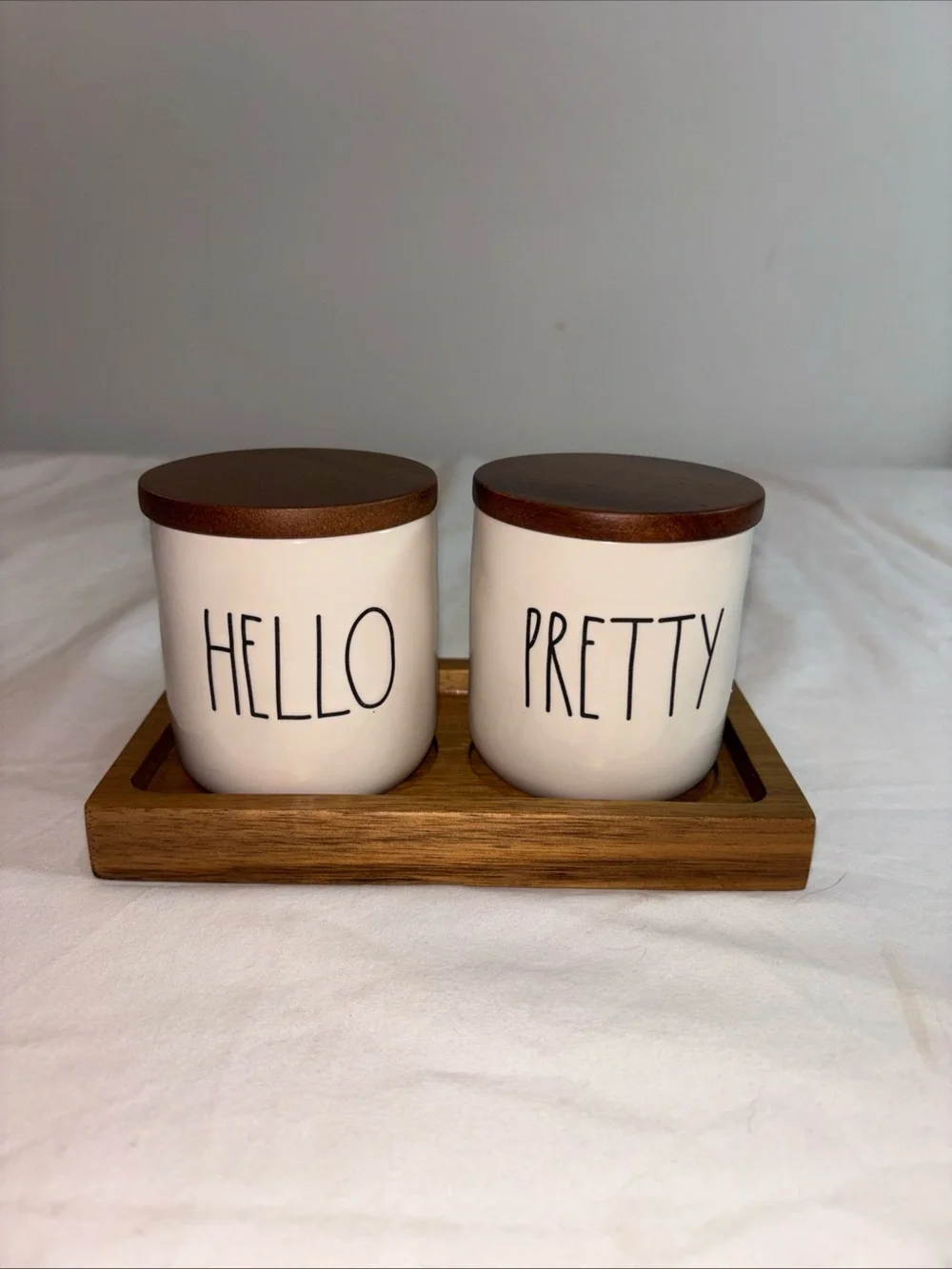 Rae Dunn  'Hello' and 'Pretty' Bathroom Storage Jars with Wooden Lids -